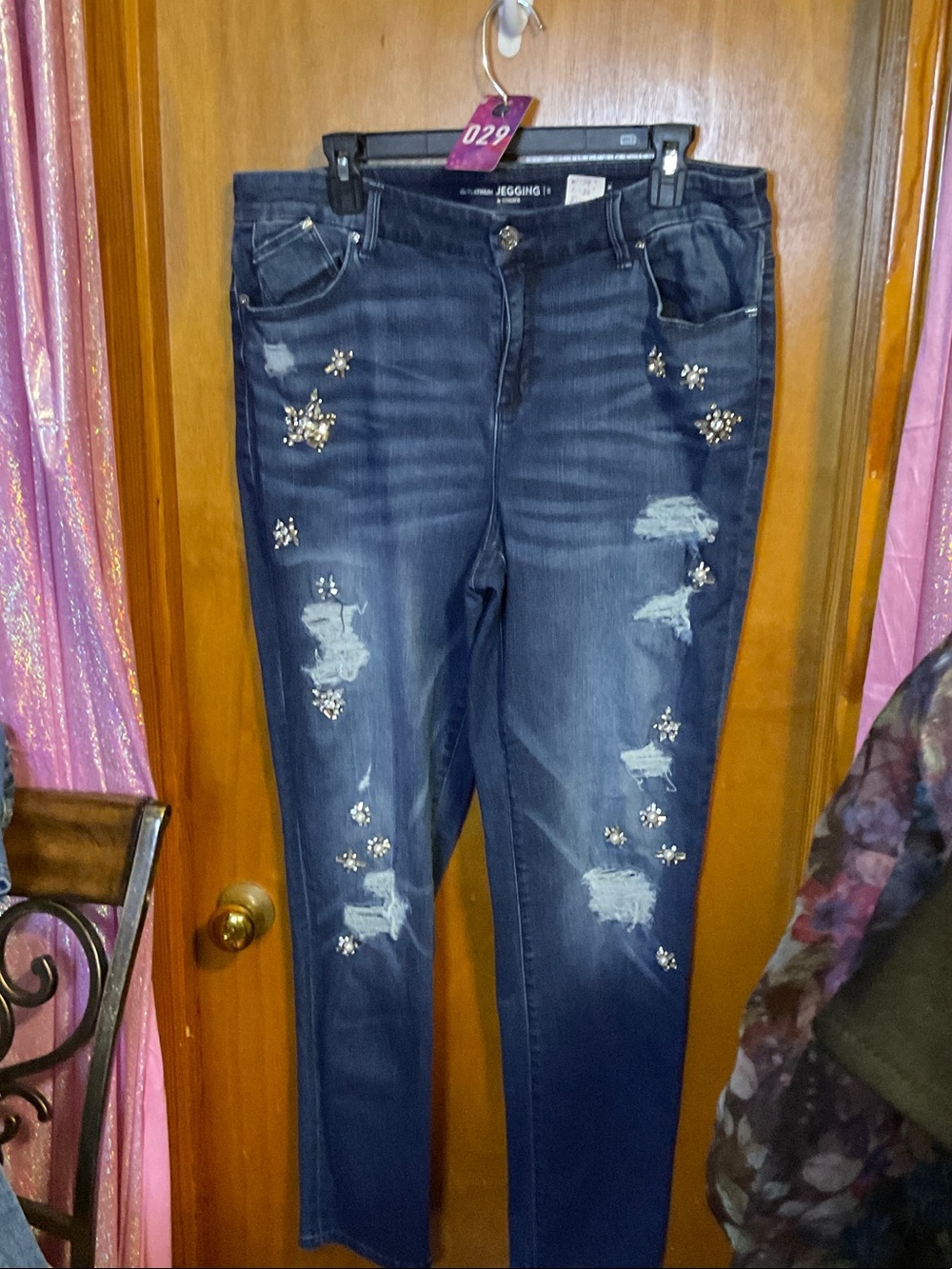 29 - Chico's Dark Blue Embellished Distressed Jeggings